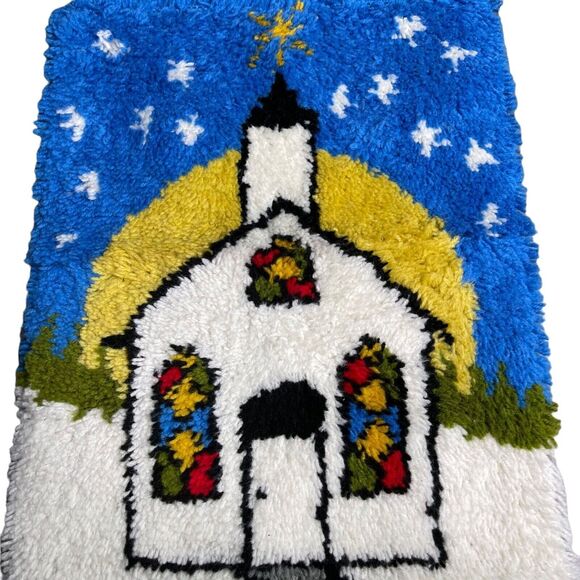 Vintage Christmas Handmade Wall Hanging Church Stars Holiday Latch Hook Rug - Picture 7 of 9